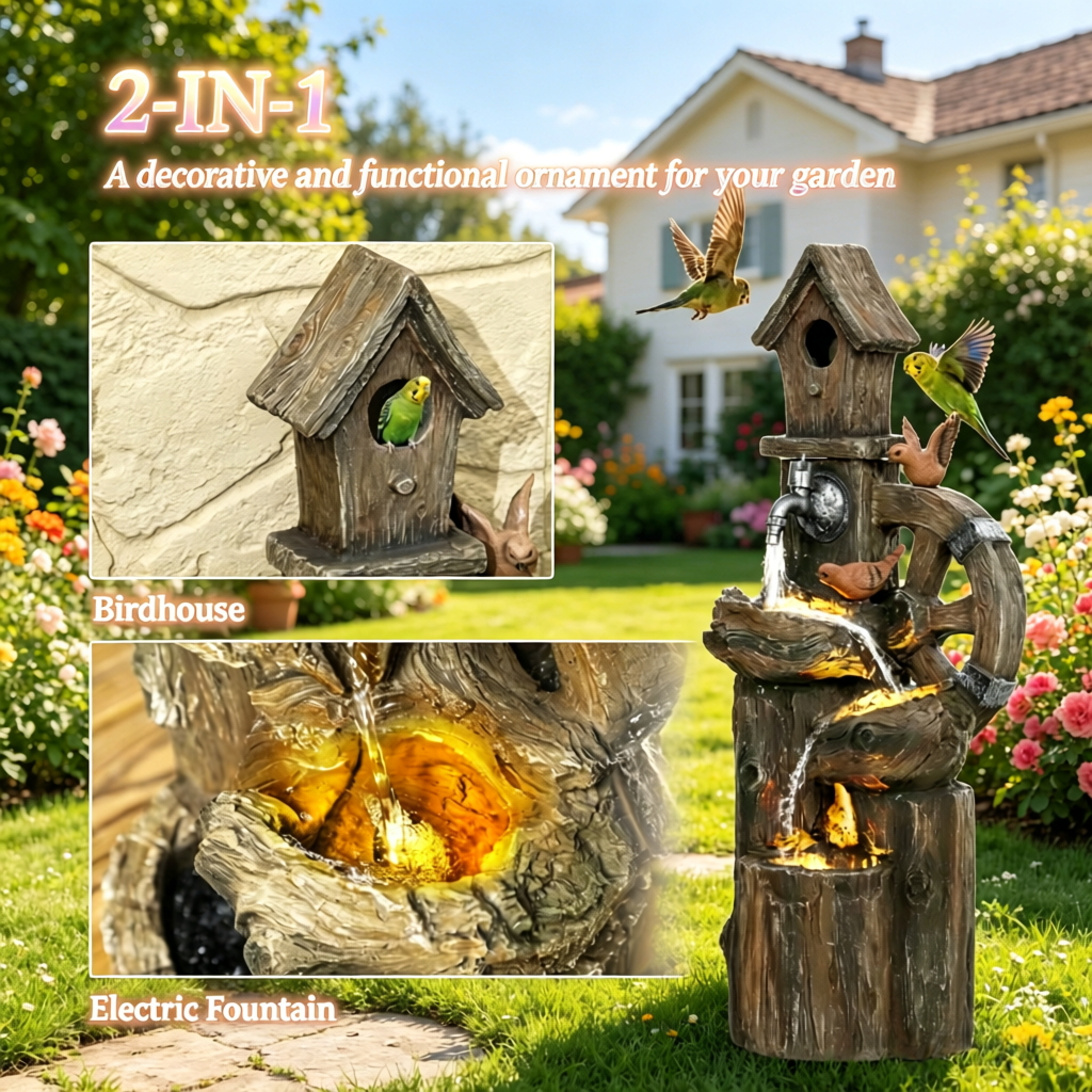 Resin Rustic Outdoor Fountain Birdhouse and Iron Tap on patio
