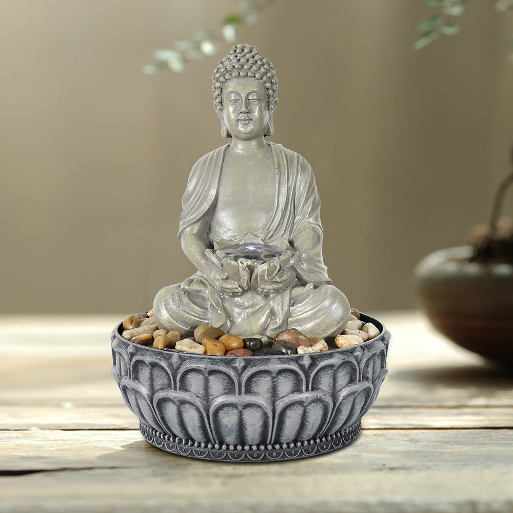 11.4 Inch Polyresin Buddha Tabletop Fountain Faux Stone Look - Full View