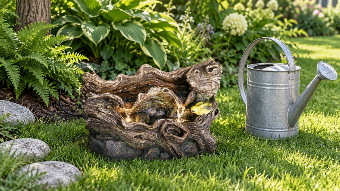 Low fallen log fountain on a lawn next to a watering can taller than it is
