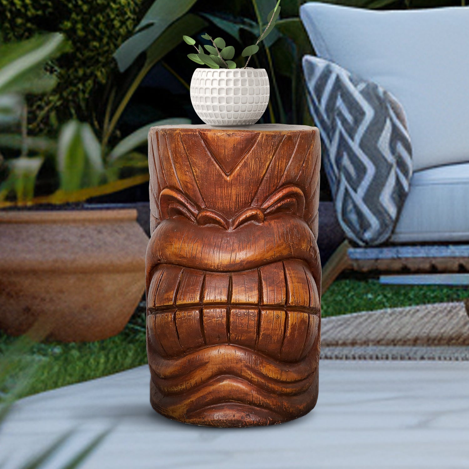 19.6" H Concrete Indoor/Outdoor Side Tiki Face Statue Table with Woodtone Finish for Patio, Bar, or Den