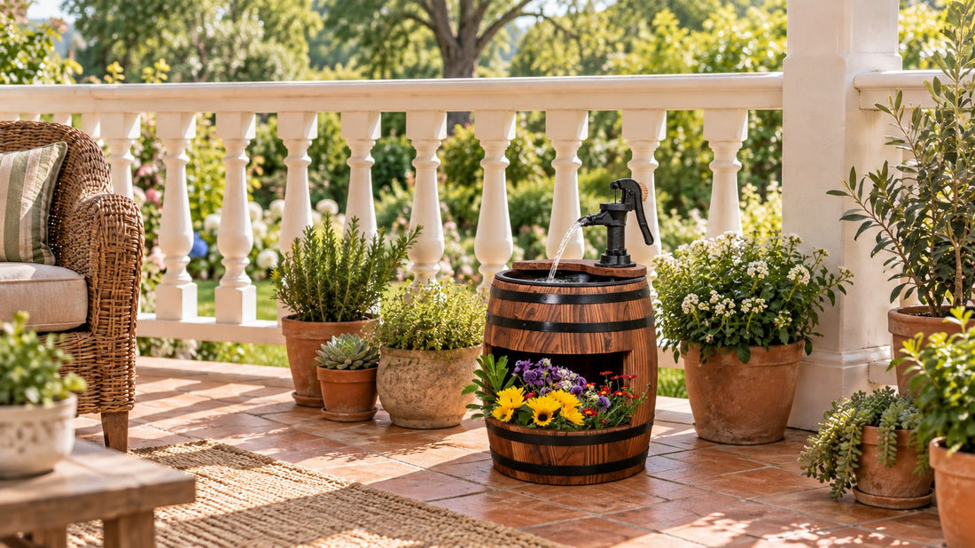 Wood barrel fountain with iron hoops and a black hand pump, flowers planted in the front, on a tiled porch