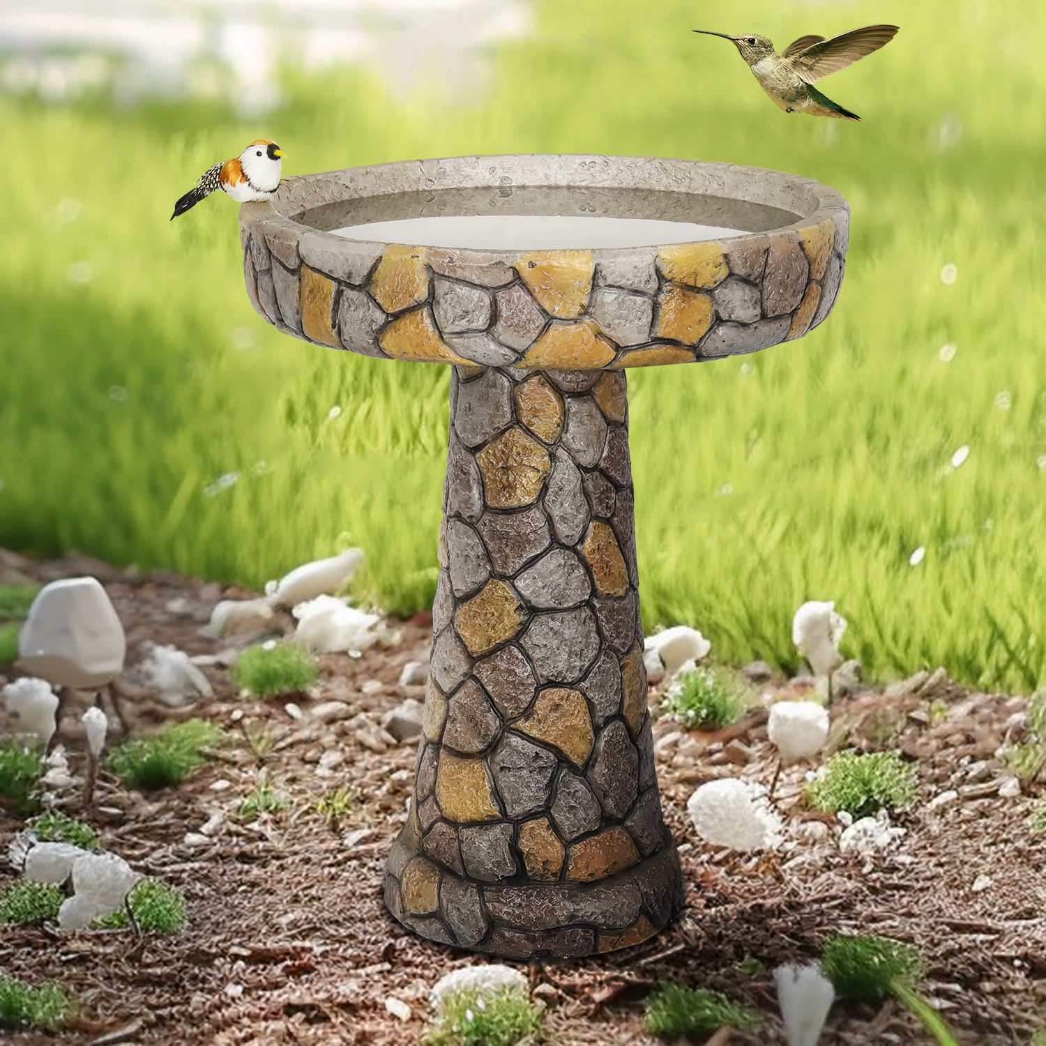 24 Inch Mosaic Stone Design Outdoor Bird Bath