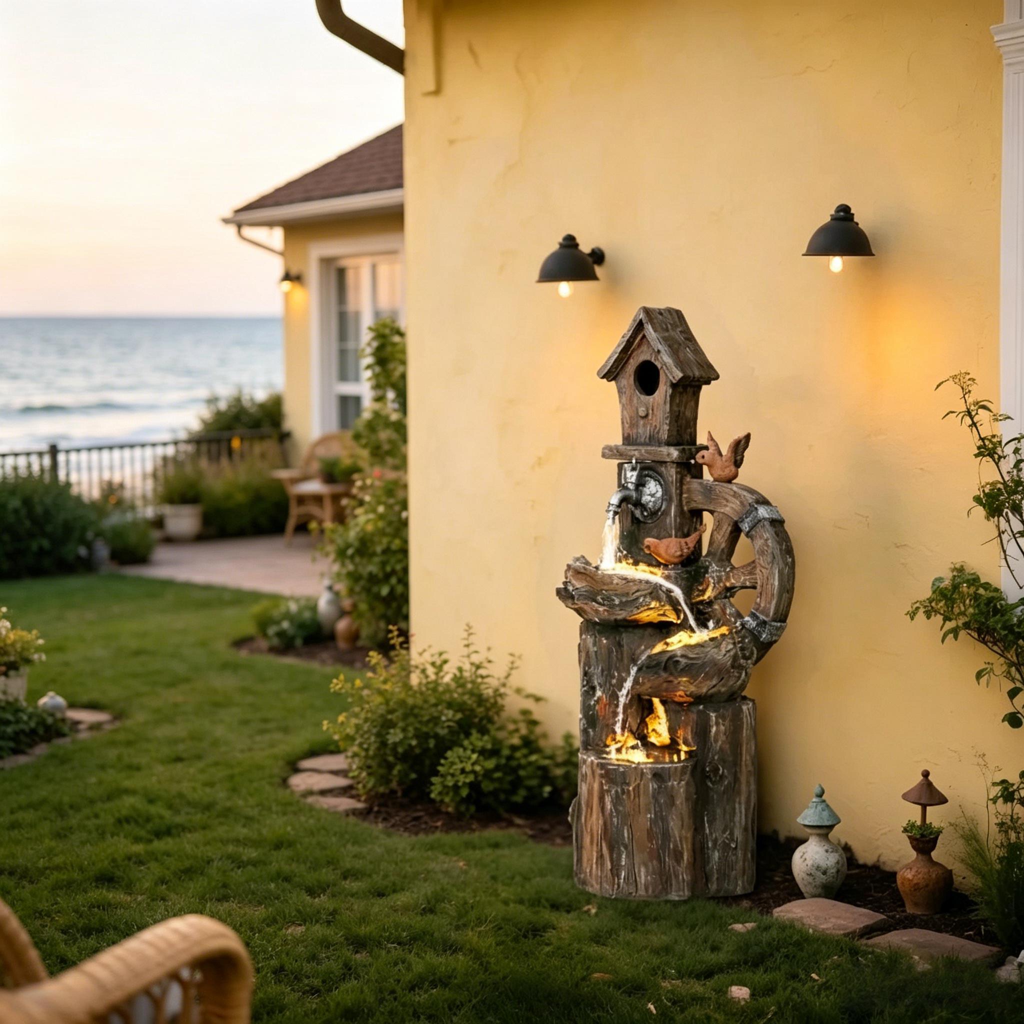 Resin Rustic Outdoor Fountain Birdhouse and Iron Tap LED lit at night