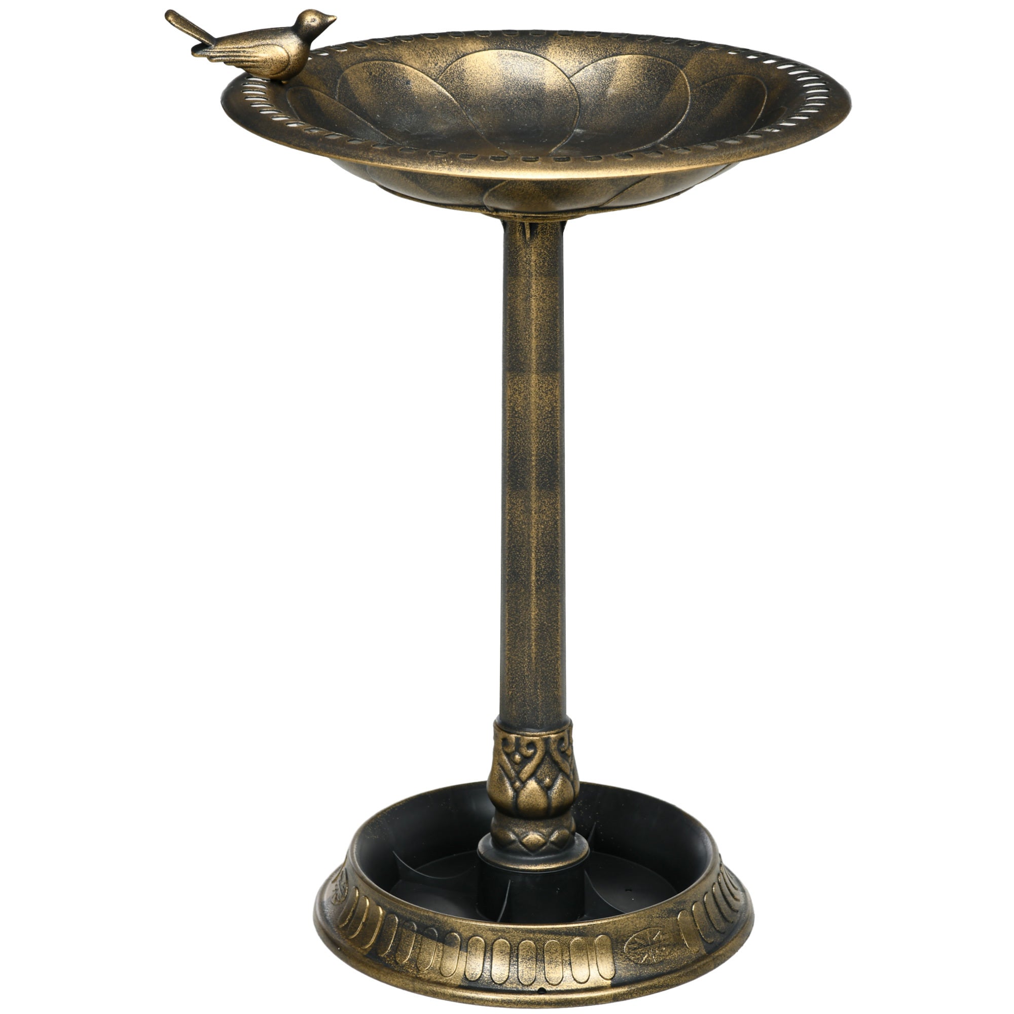 28 inch antique bronze bird bath with sculpted songbird and flower relief basin on pedestal