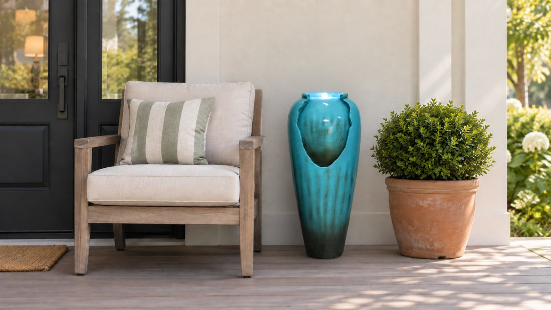 Teal glazed urn fountain on a front porch beside a wooden armchair and a potted boxwood