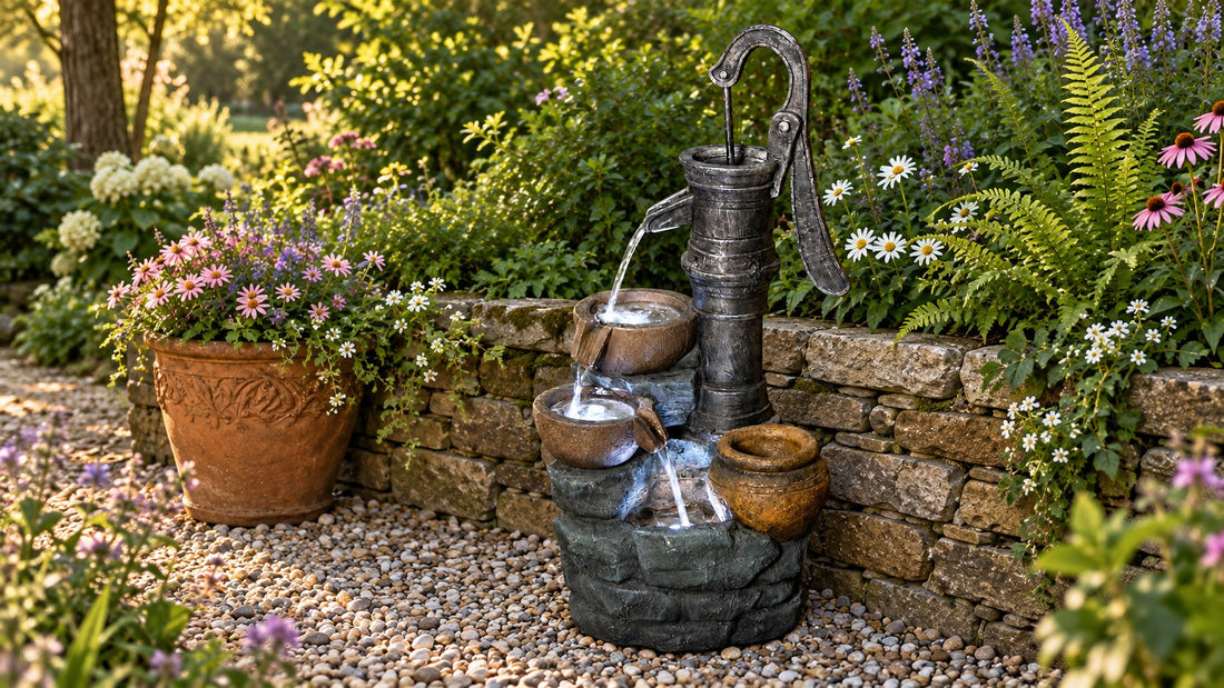 Iron hand pump fountain pouring into stacked bowls beside a dry stone wall and cottage flowers