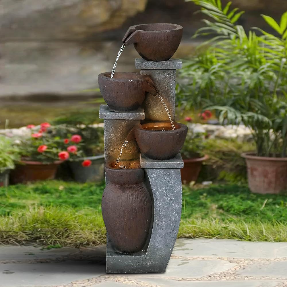 32.8"H contemporary pouring pots fountain acting as a central garden focal point.