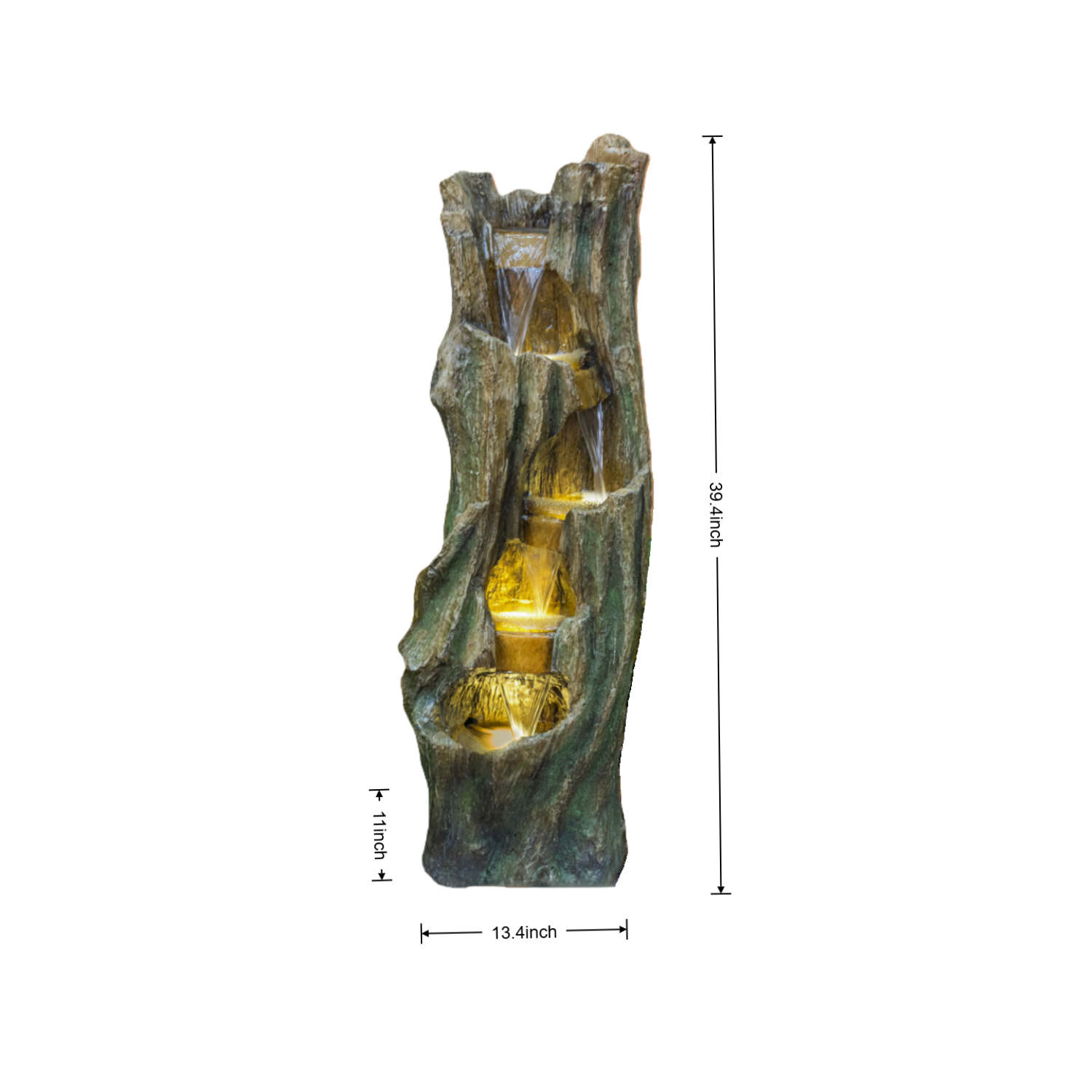 Resin Tree Trunk Outdoor Fountain 39 Inch LED lit at night