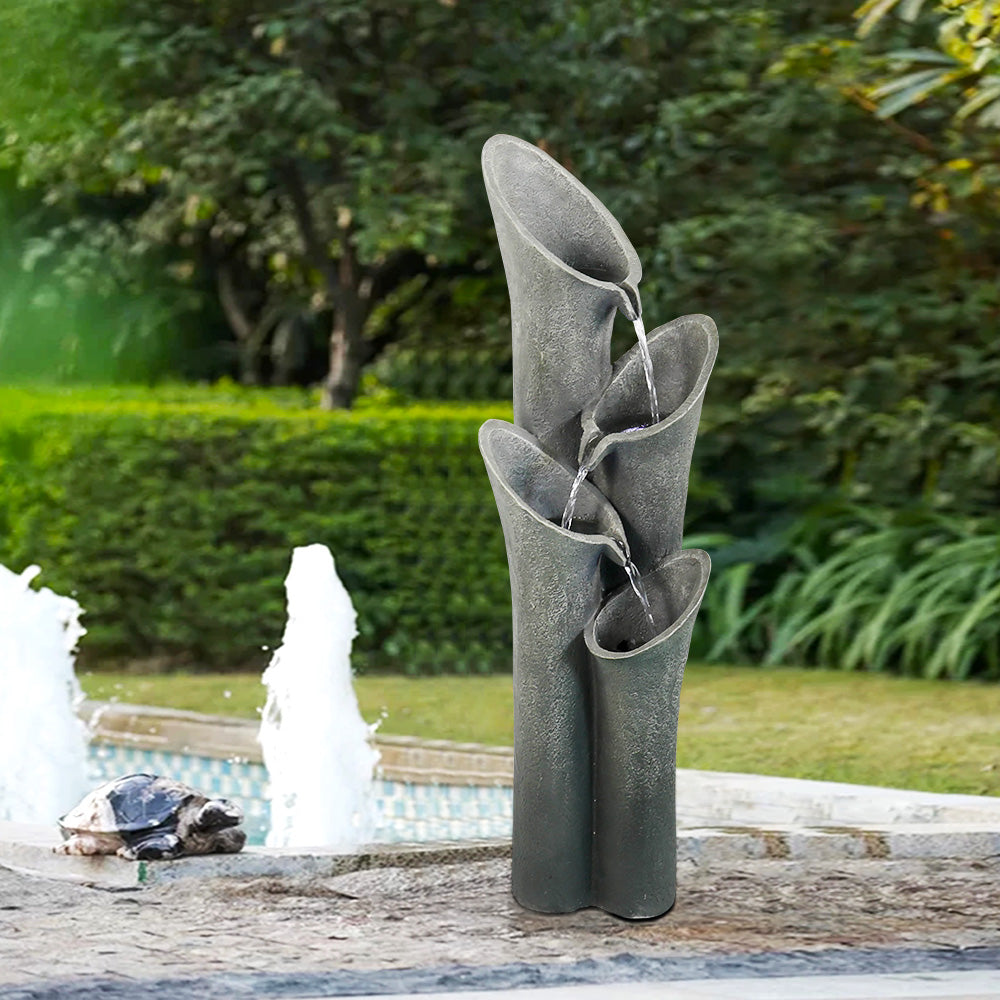 33.5"H-Bell 4-Tier Cascading Floor Rock Water Outdoor Fountain with LED Lights