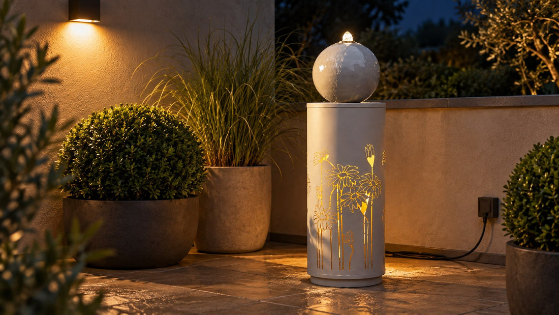 Pale cylinder fountain with a glowing stone ball on top after dark, power cord running to an outdoor outlet