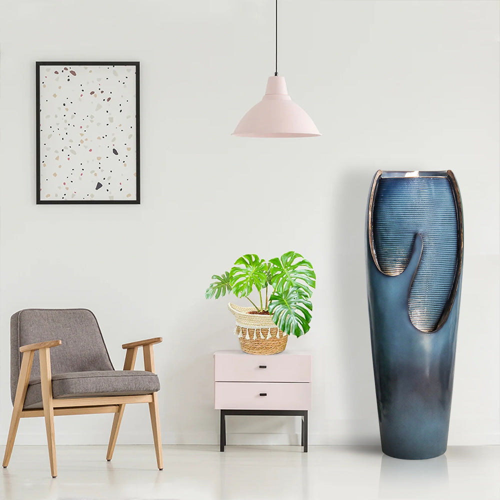 38.7-inch fiber-reinforced concrete modern tank fountain in a minimalist-style living room