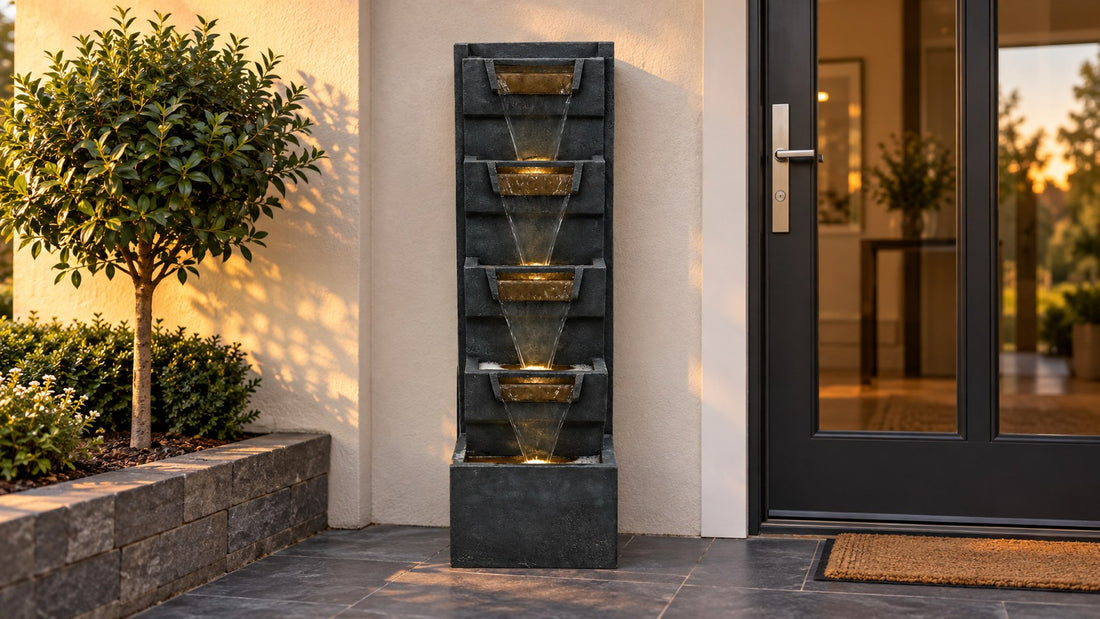 Slim charcoal wall fountain with four lit spouts running beside a glass front door