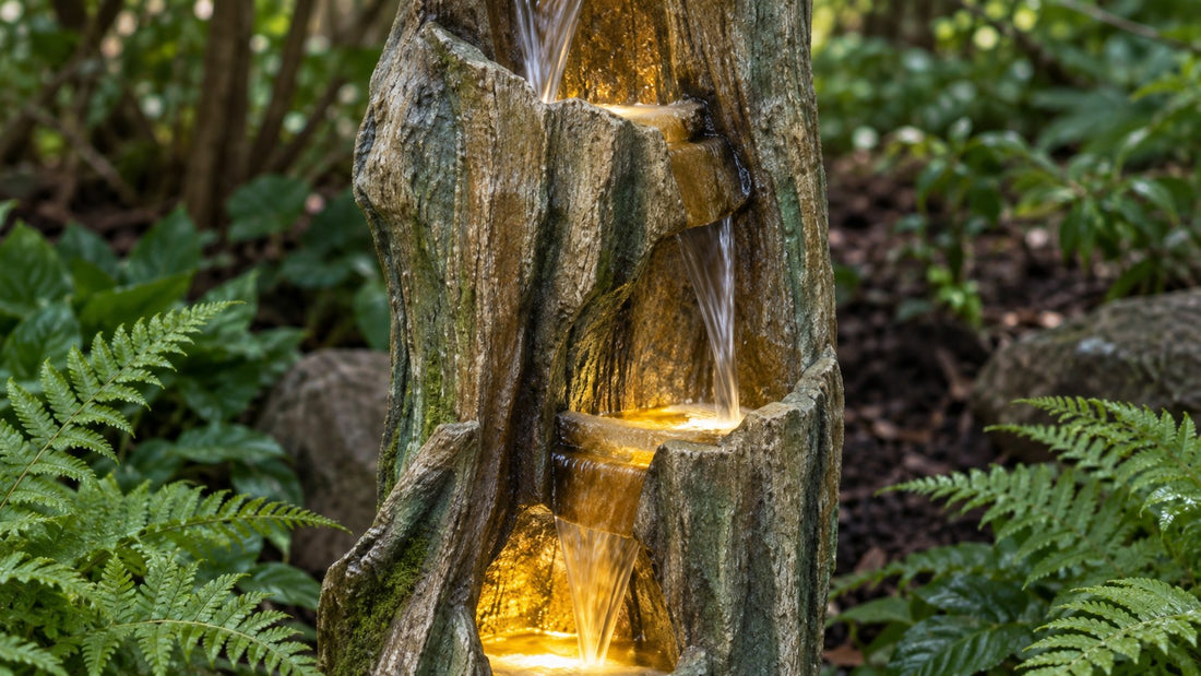 Close view of bark texture and lit water openings on a hollow tree trunk fountain