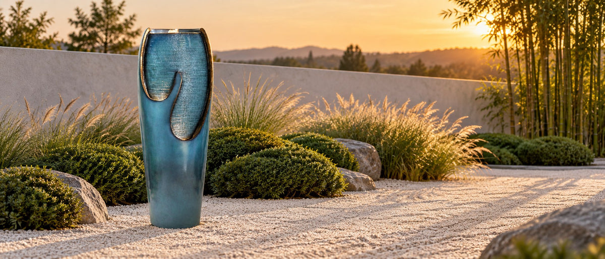 Turquoise glazed jar fountain with a cut away front on raked gravel at sunset, clipped mounds and grasses behind
