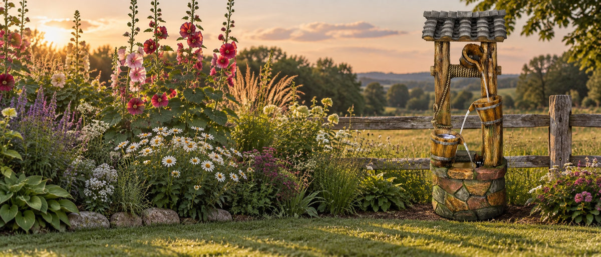 Wishing well fountain at sunset beside a rail fence with hollyhocks and daisies