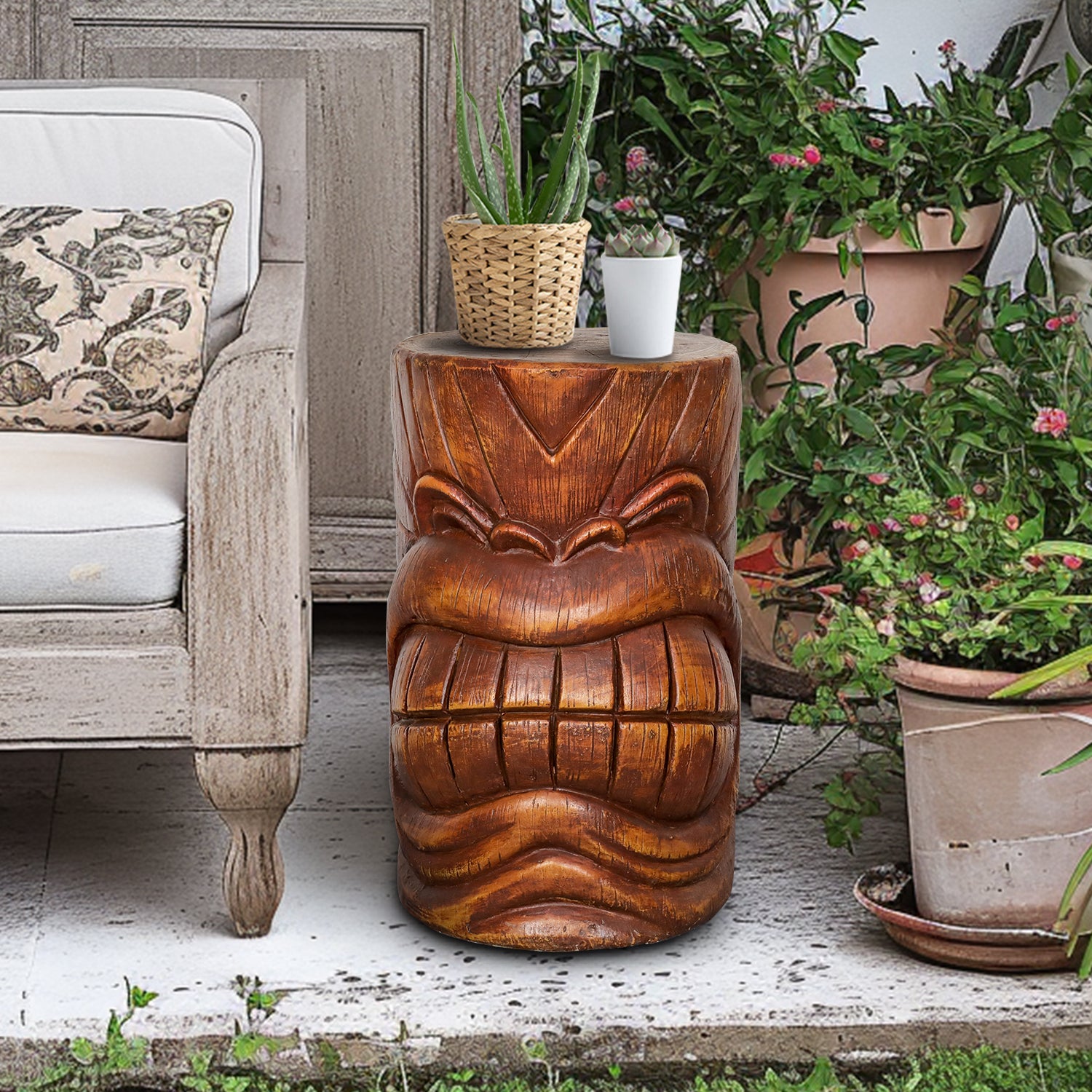 19.6" H Concrete Indoor/Outdoor Side Tiki Face Statue Table with Woodtone Finish for Patio, Bar, or Den