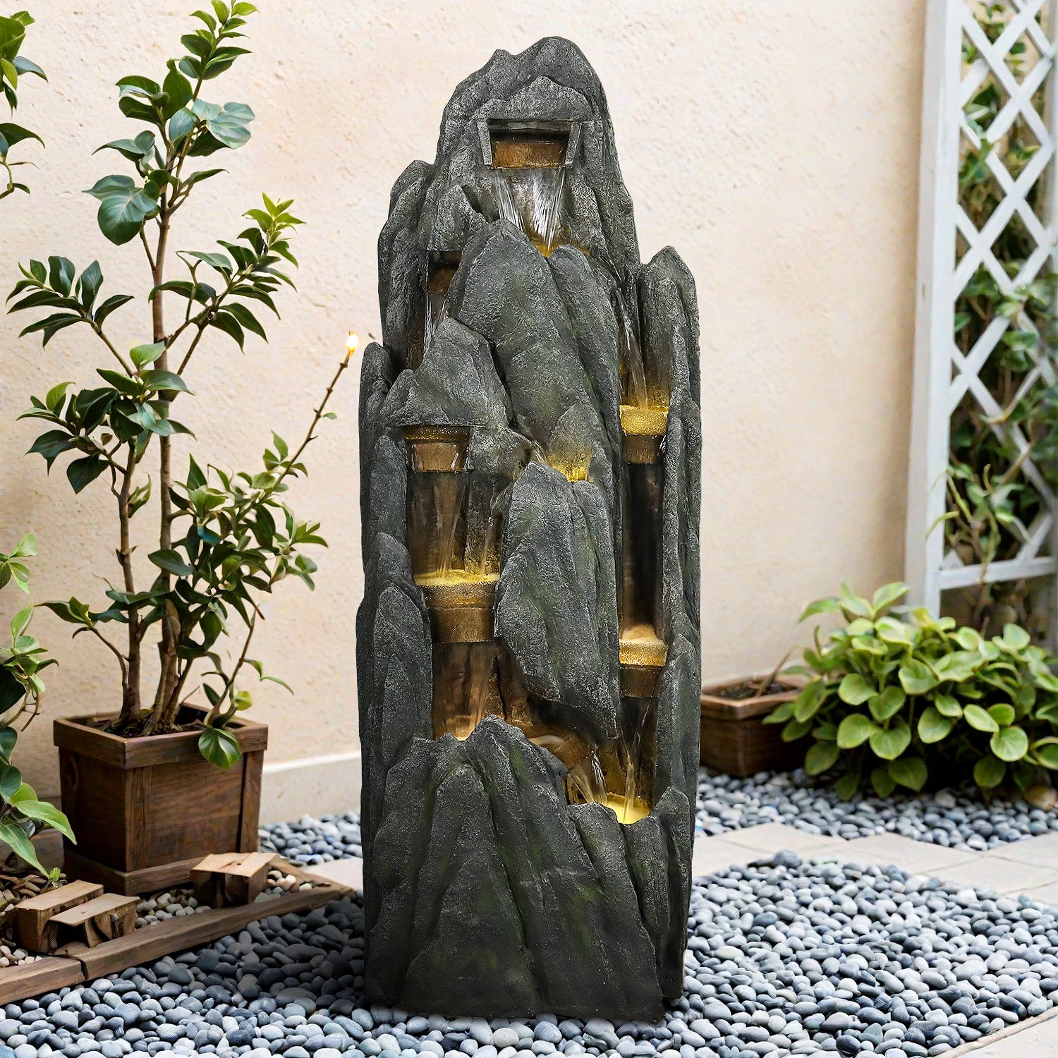 Outdoor Rockery Water Fountain with LED Lights