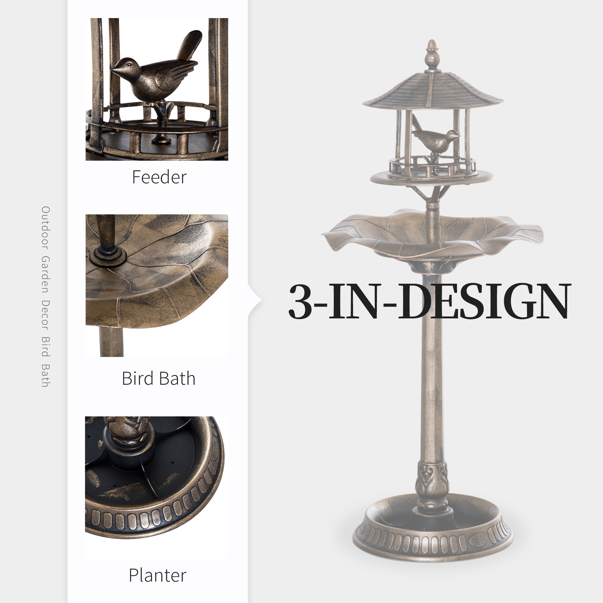 3-in-1 design of bird bath with feeder and flower planter functions