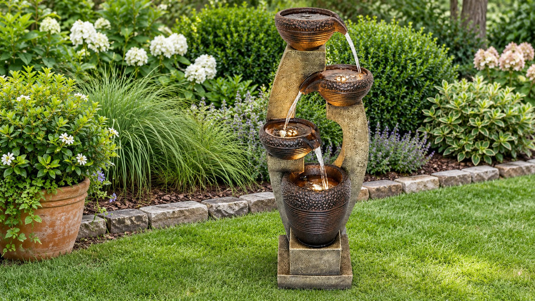 Bronze glazed bowls on curved arms pouring one into the next, standing on a lawn beside a planted border