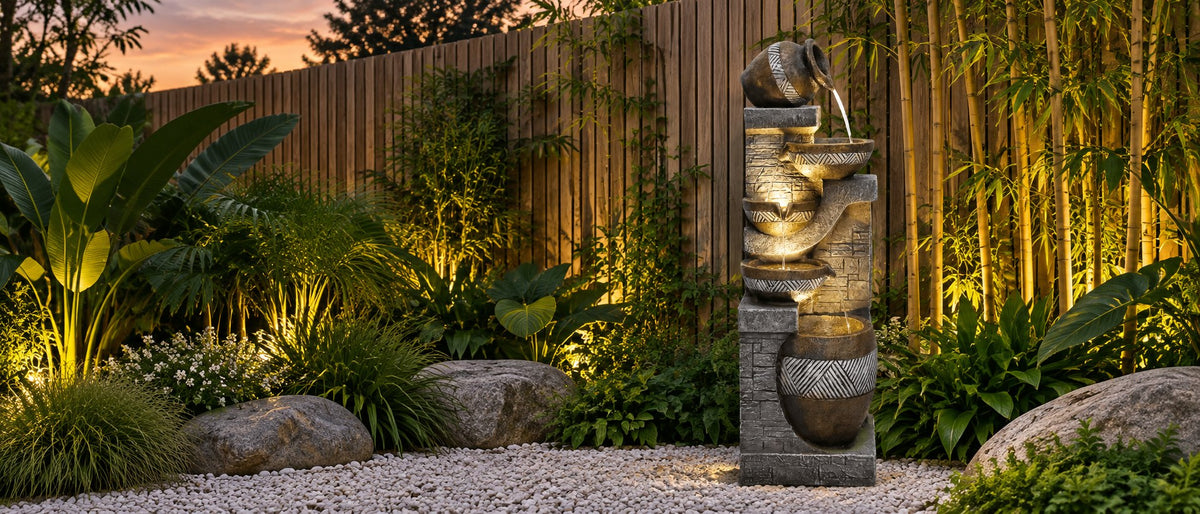 Stacked bowl and tipping jar fountain lit at dusk on a gravel bed with bamboo behind