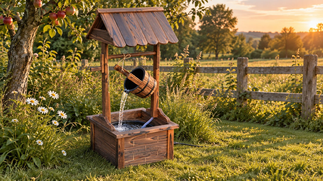 Carbonized timber wishing well fountain pouring from a bucket in a country garden at sunset