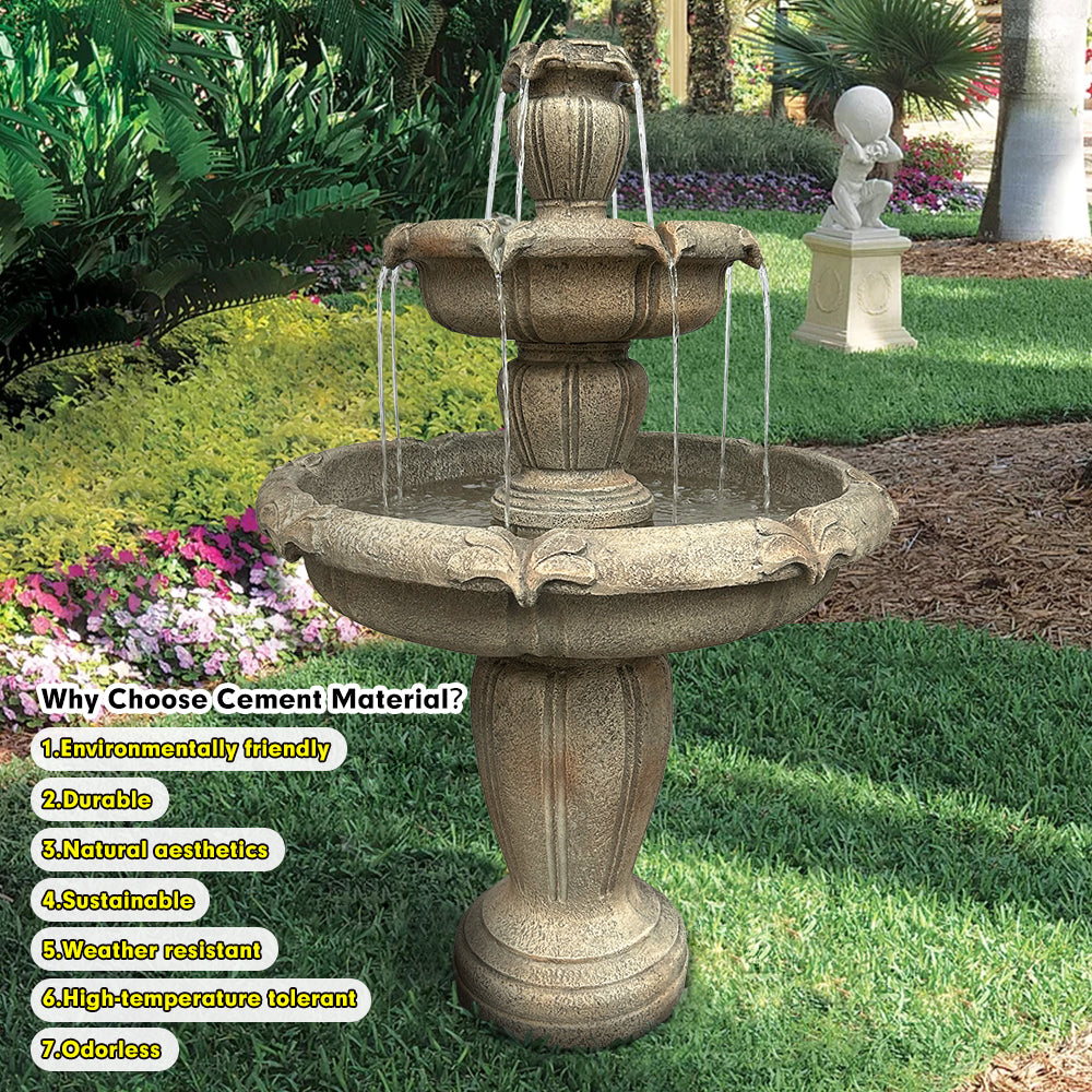 48H cascading outdoor waterfall fountain placed in a garden with feature callouts.