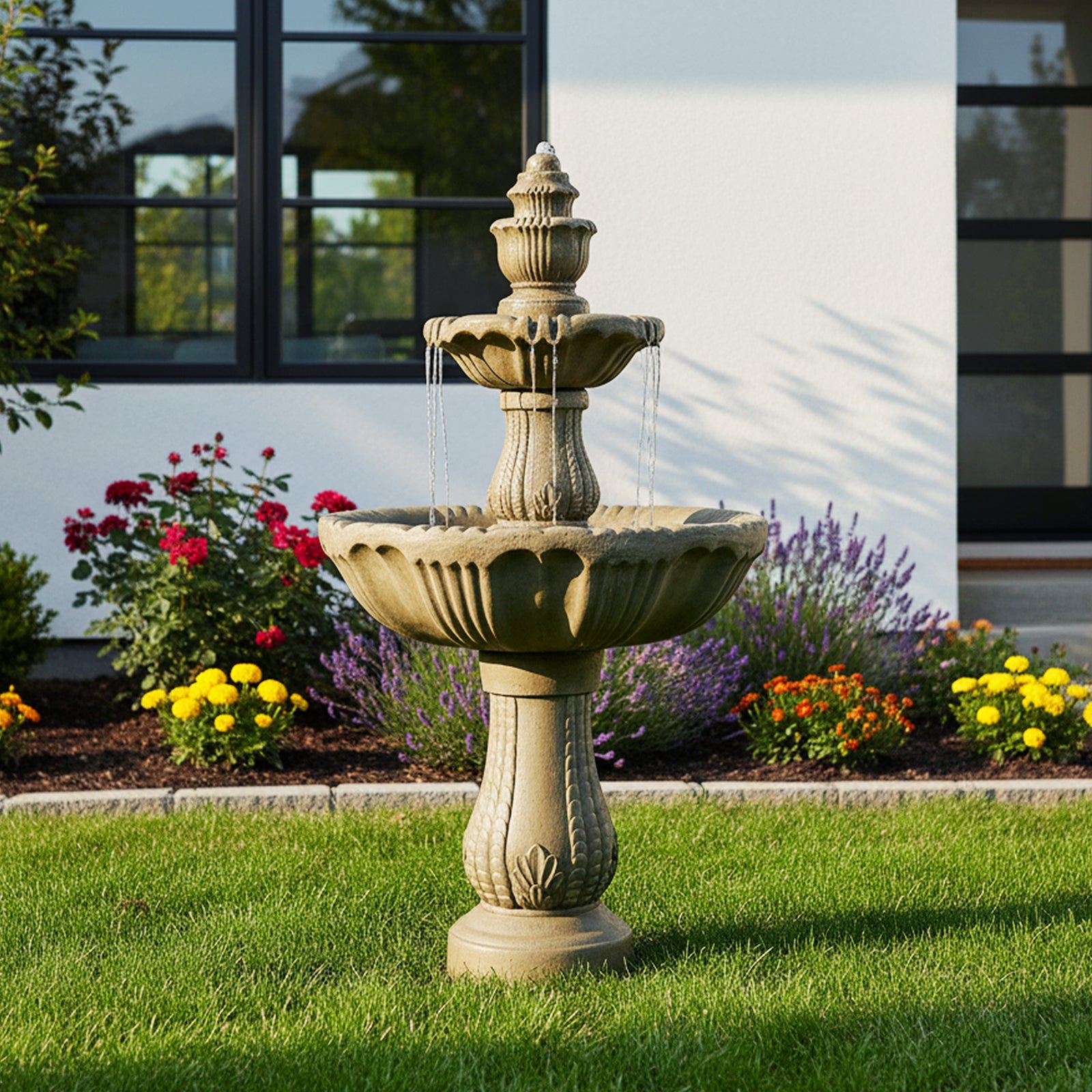48"H classic 3-tier outdoor waterfall creating a peaceful retreat on a sunny green lawn.