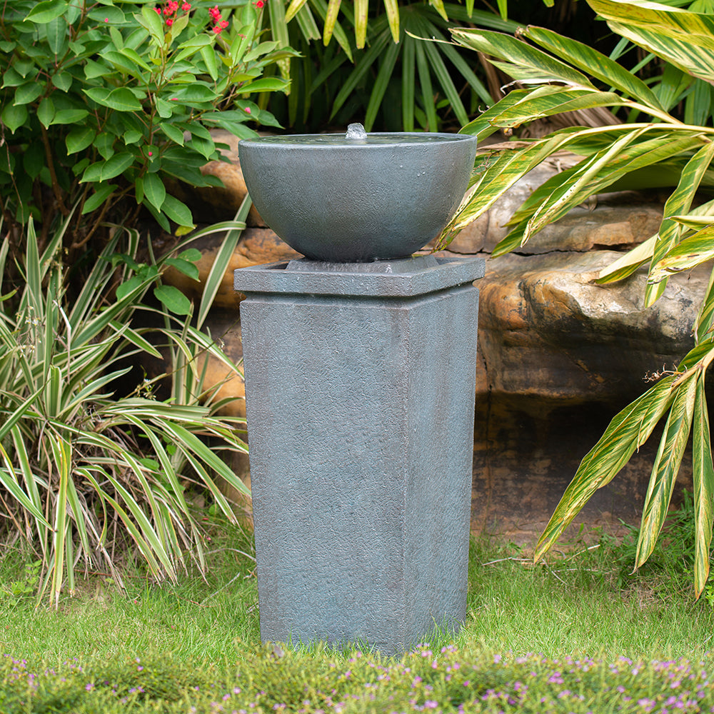 Resin Zen Bowl Pedestal Outdoor Fountain 35 Inch