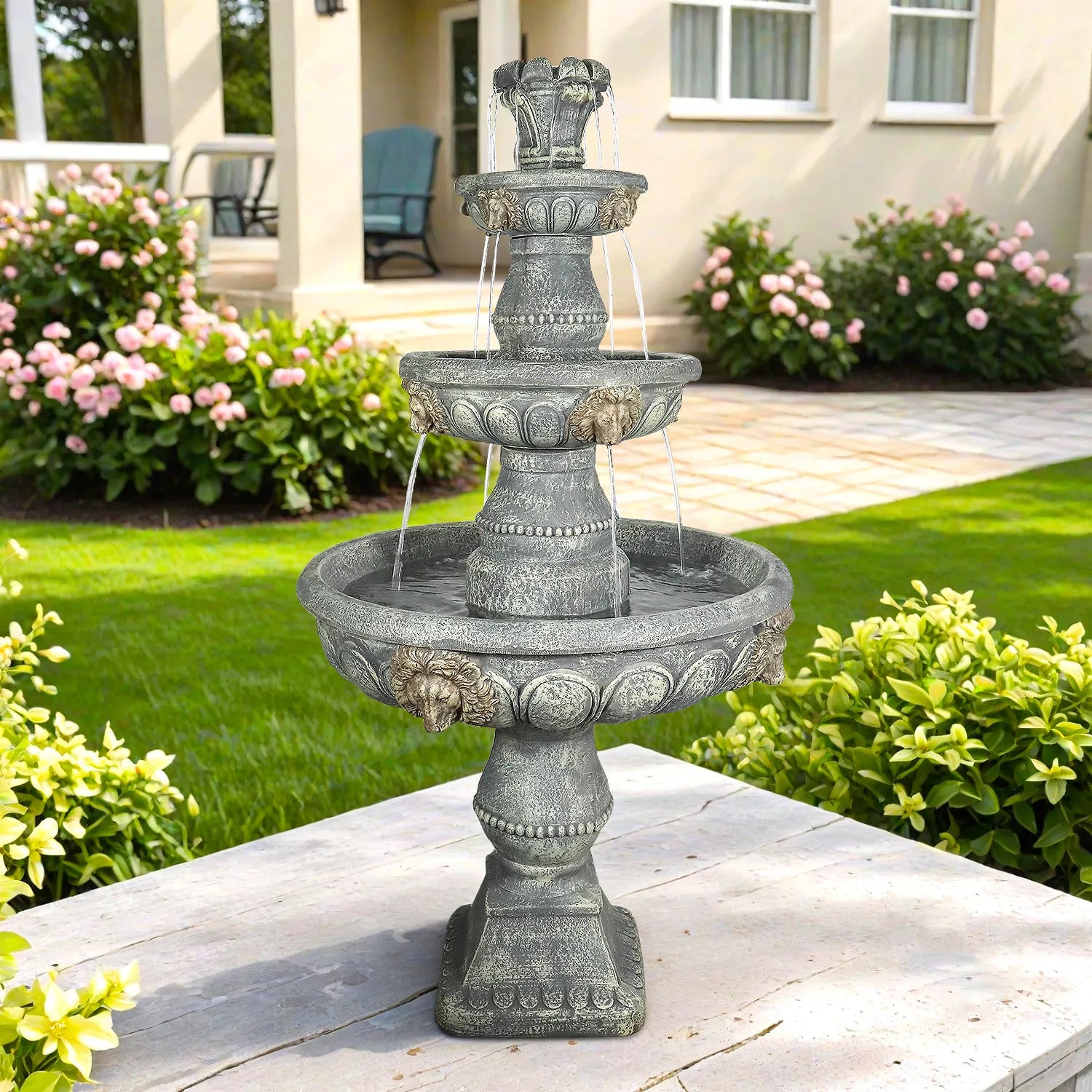 59.5-inch tall 3-tier GFRC cascading outdoor fountain in a grand garden