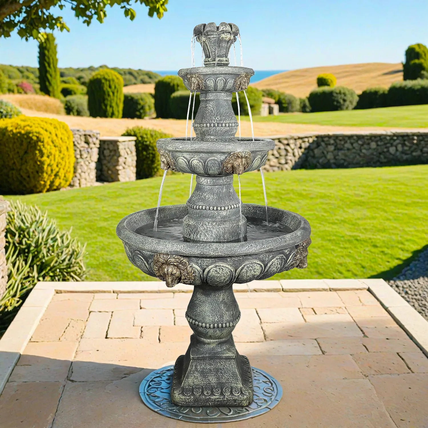59.5"H heavy-duty GFRC fountain serving as a large patio centerpiece