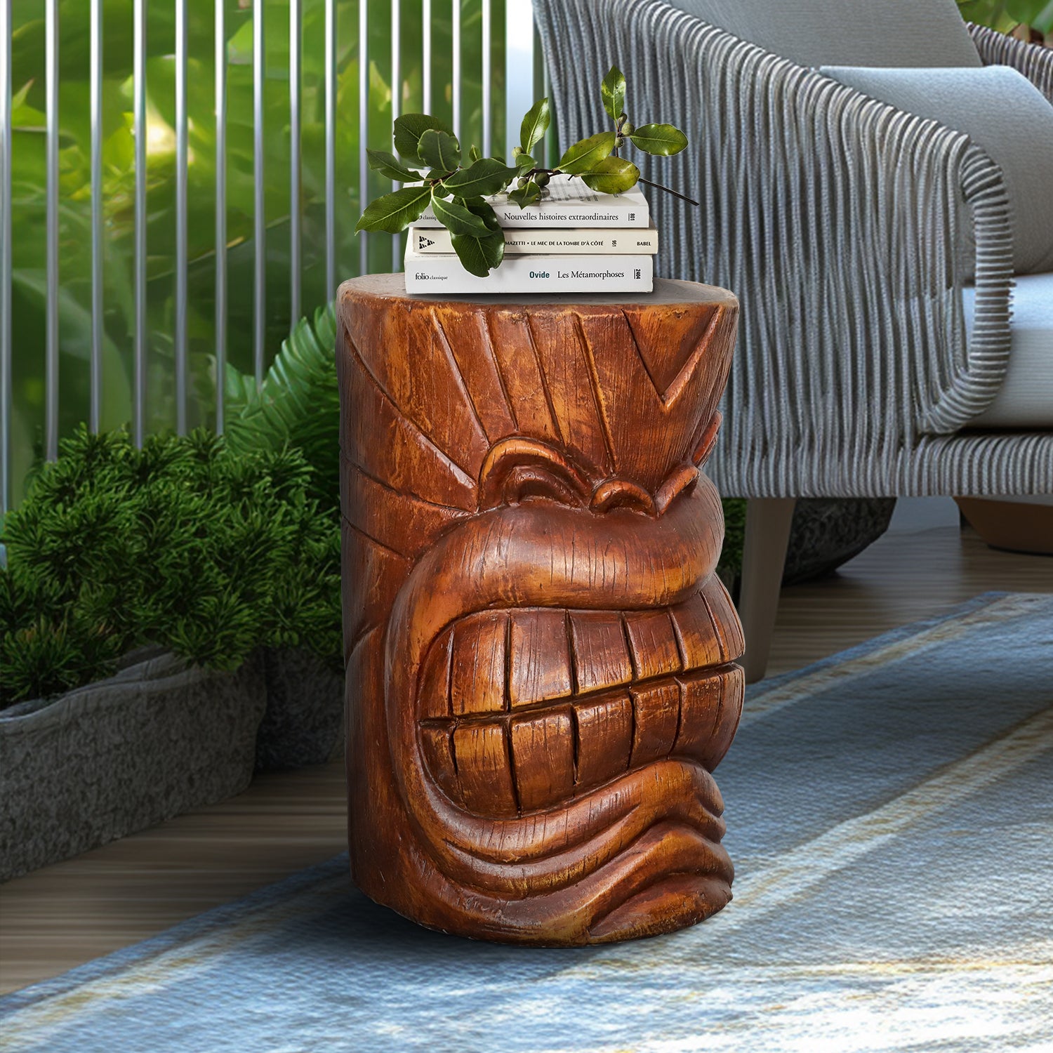 19.6" H Concrete Indoor/Outdoor Side Tiki Face Statue Table with Woodtone Finish for Patio, Bar, or Den