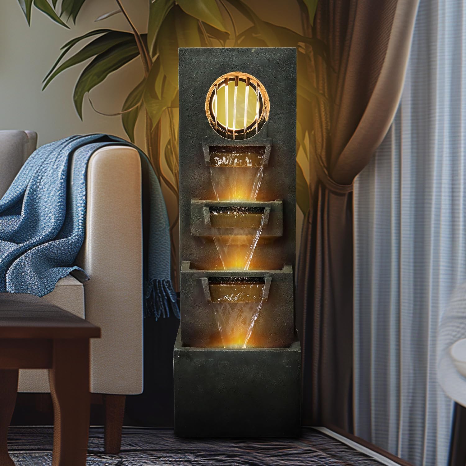 39.3"H-4-tier Designed Outdoor Fountain with LED Lights