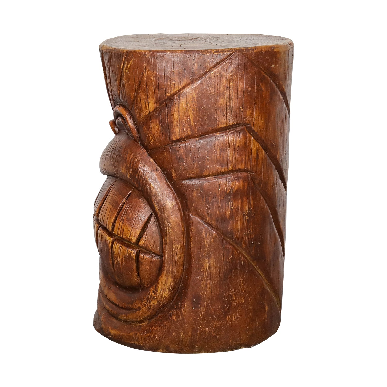 19.6" H Concrete Indoor/Outdoor Side Tiki Face Statue Table with Woodtone Finish for Patio, Bar, or Den