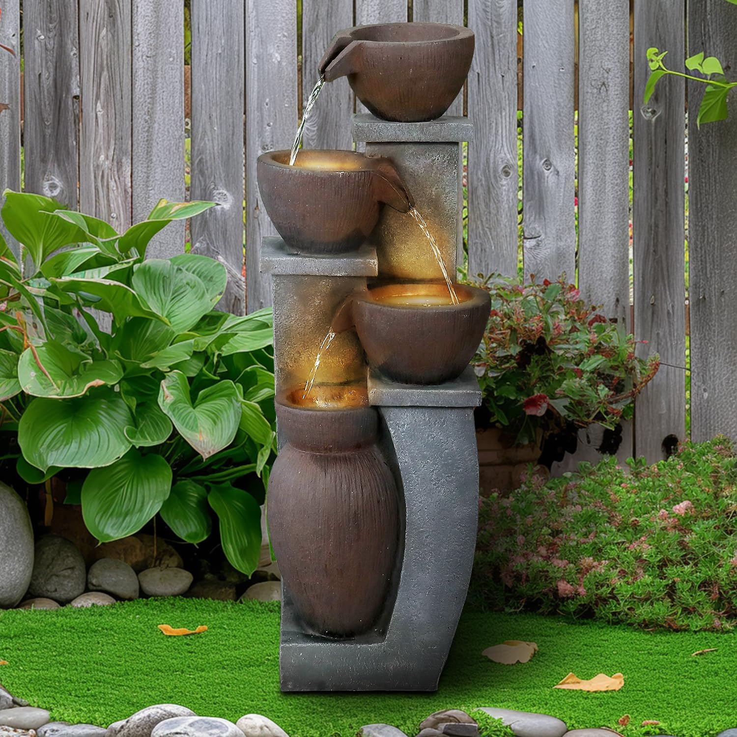 32.8"H Garden Tiered Outdoor Fountain with Warm LED Lights