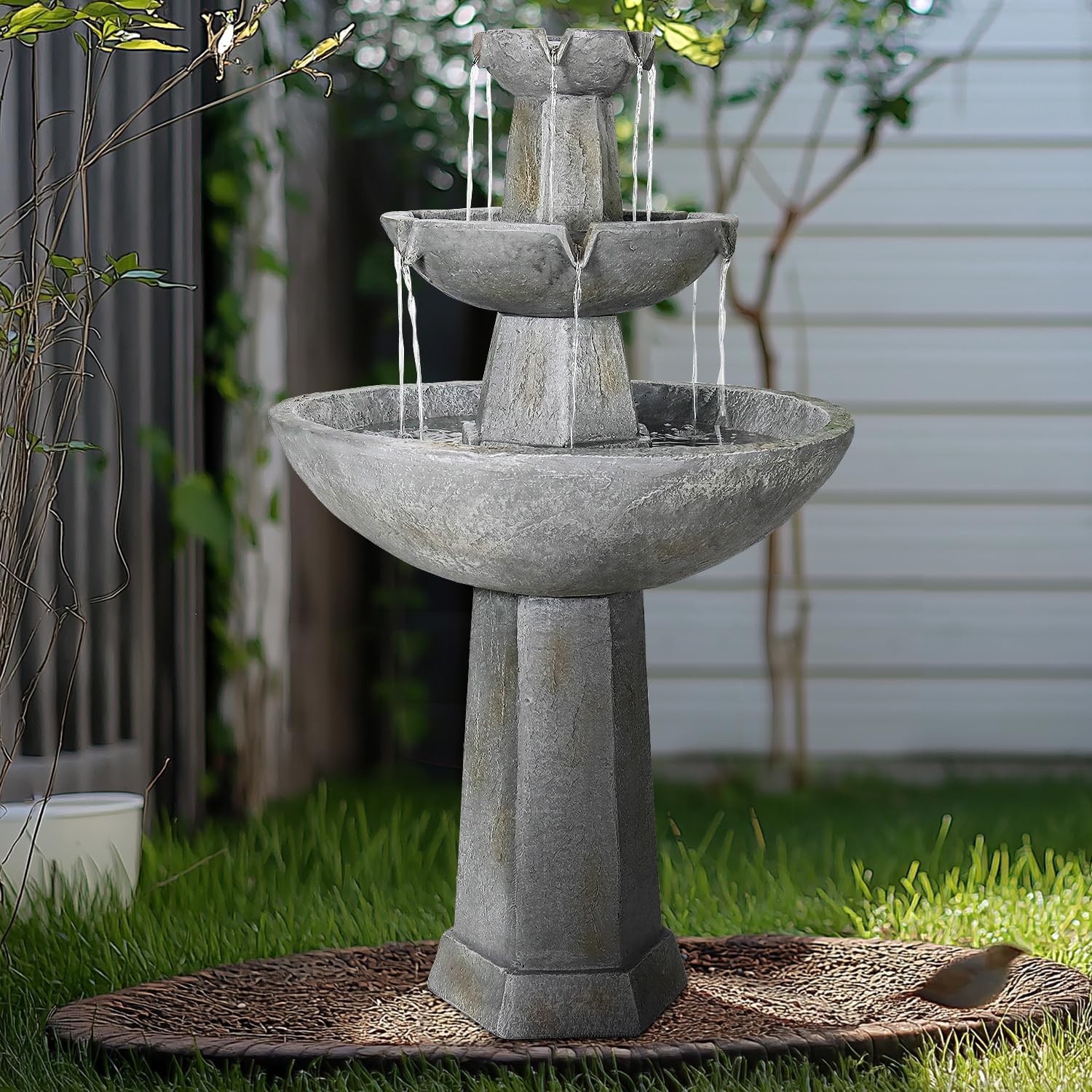3-Tiered Cement Grey Outdoor Garden Fountain-43.3"H