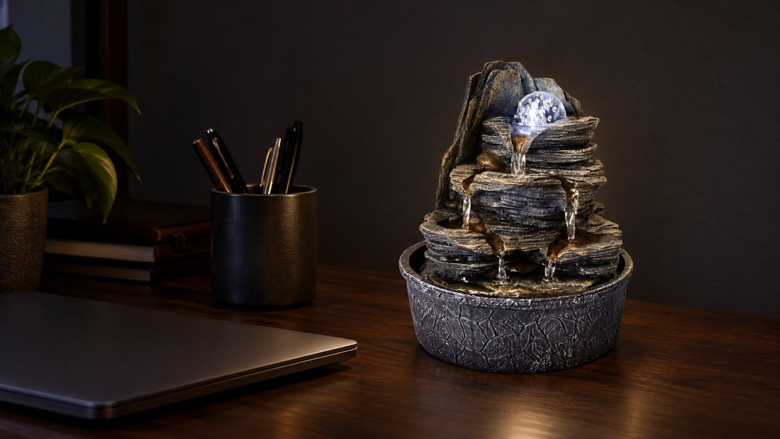 Lit glass orb tabletop fountain glowing on a dark desk beside a closed laptop and a pen cup