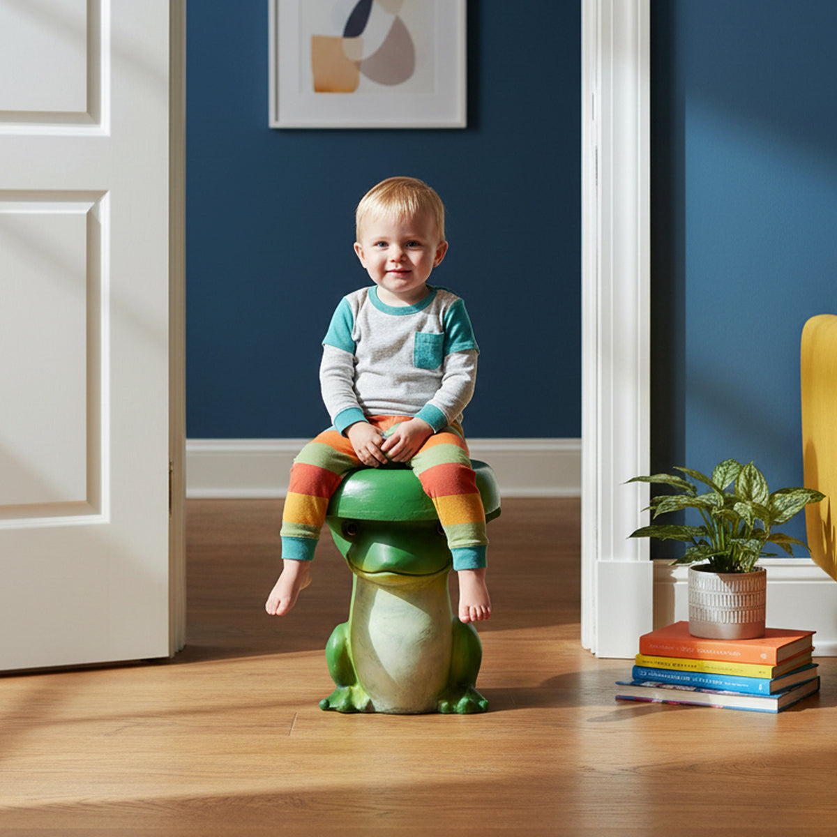 Child enjoying the whimsical frog shaped stool acting as a fun seat in a cozy indoor playroom.
