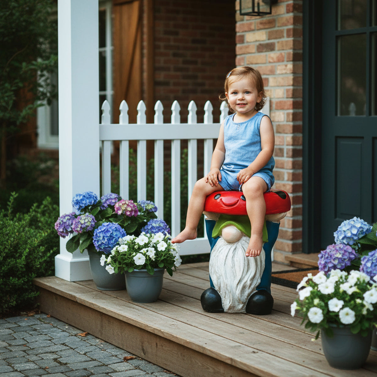 Child sitting happily on the whimsical gnome mushroom garden stool on a cozy front porch.