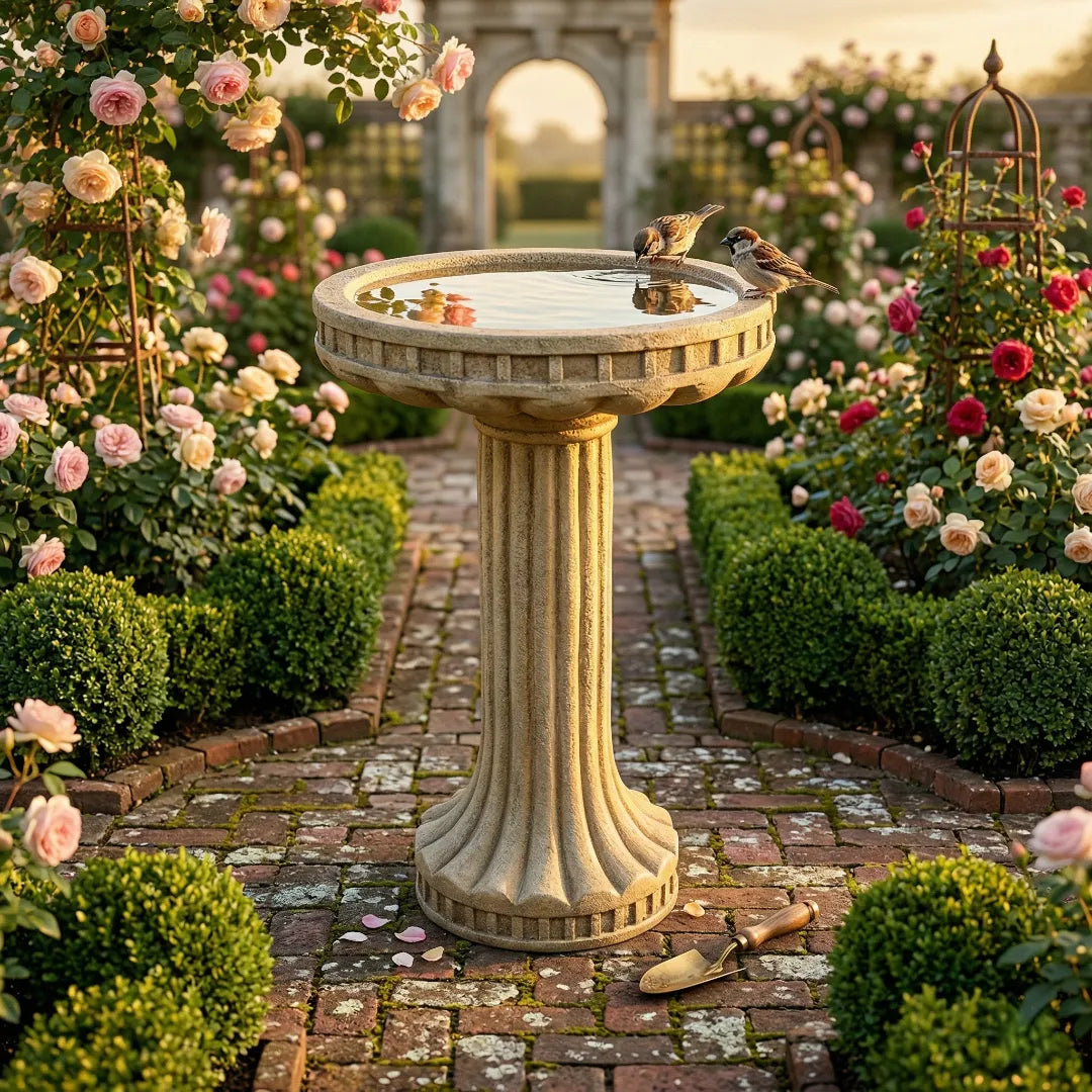 Classic cast stone pedestal bird bath centered in a formal blooming garden.