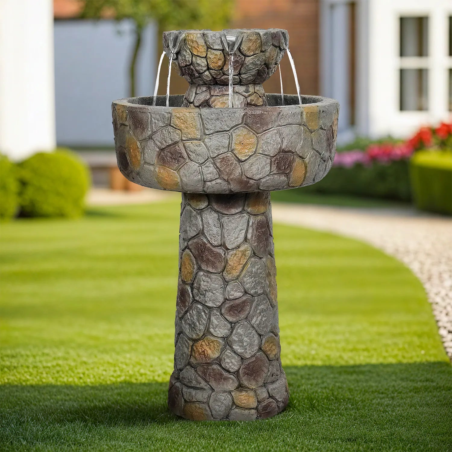 Classical 25.7-inch concrete bird bath fountain with faux stone finish in a manicured lawn setting.