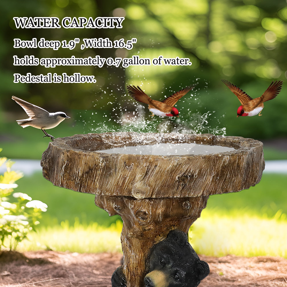 Close-up of the hand-painted black bear bird bath highlighting its durable outdoor finish.