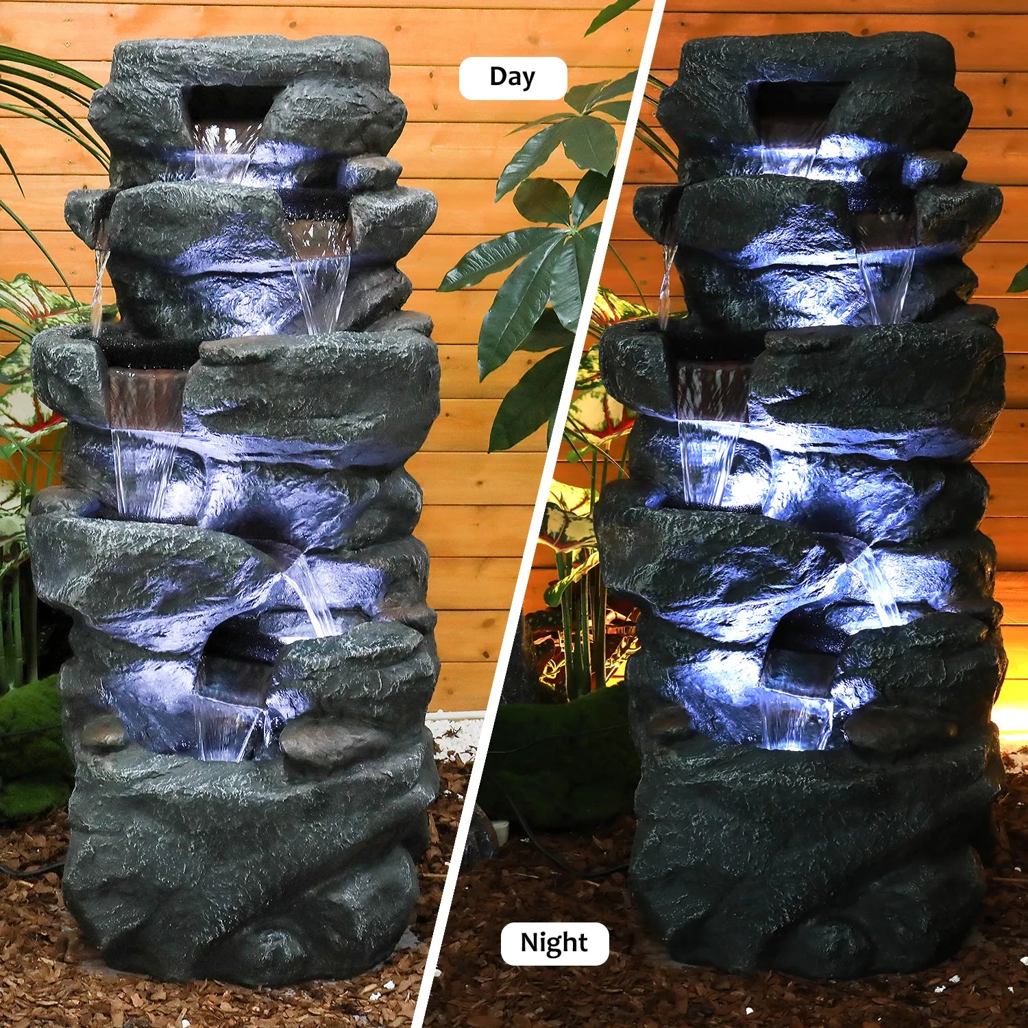 Comparison view of the 5-tier concrete fountain in daylight versus illuminated by LED lights at night.