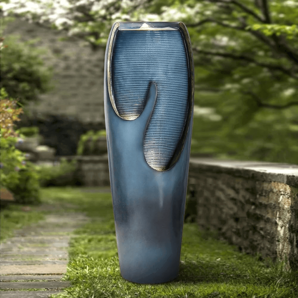 Concrete Turquoise Cracked Jar Outdoor Fountain 38 Inch on patio
