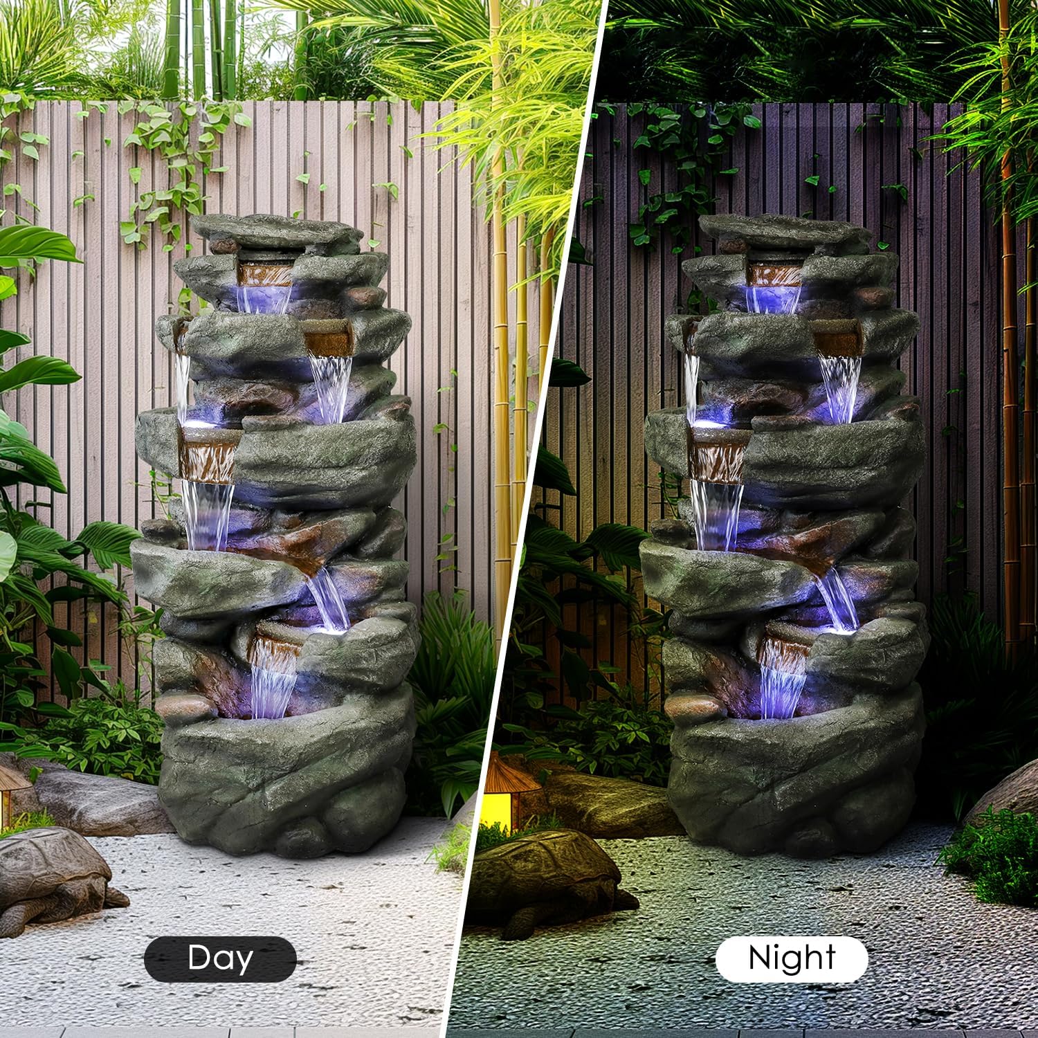 Day and night contrast of the rock waterfall fountain showing the 6 LED lights at night
