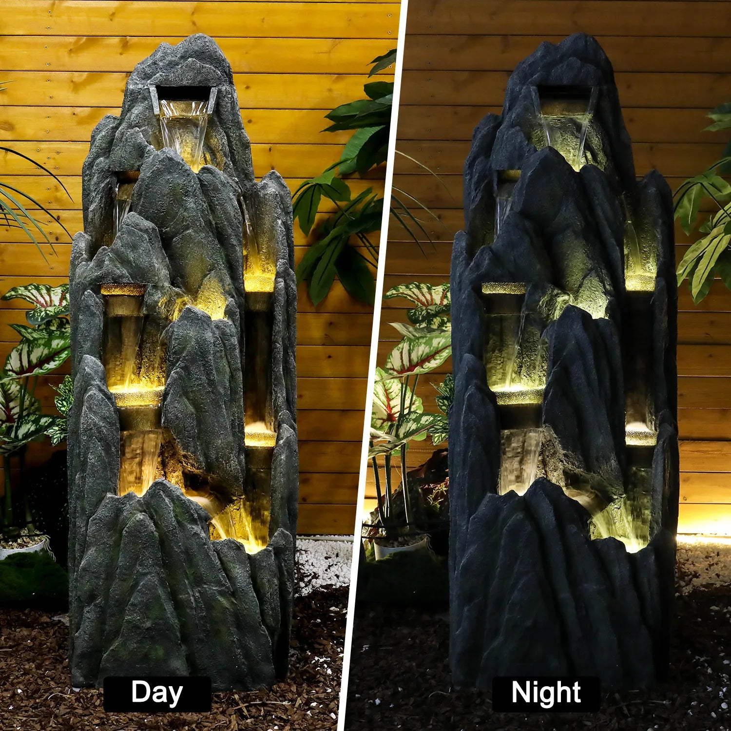 Dayandnightcomparisonofthe51-inchrockeryfountainshowingwarmLEDillumination