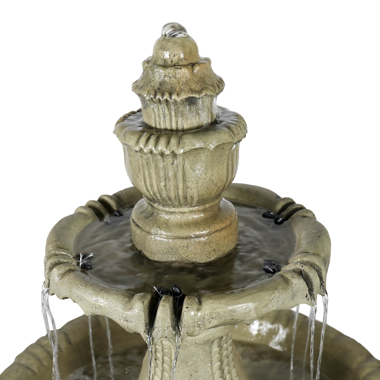 Detailed view of the top finial and initial water fall of the classic 48" tall fountain.