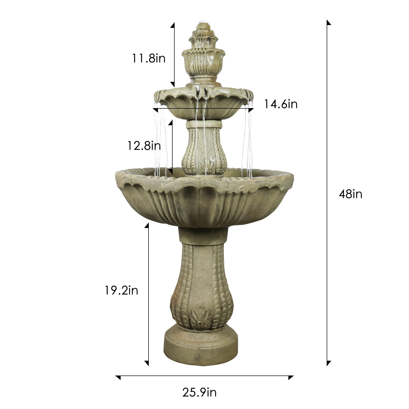 Dimension chart for the 48-inch tall 3-tier garden fountain featuring a sturdy 35.185kg weight.