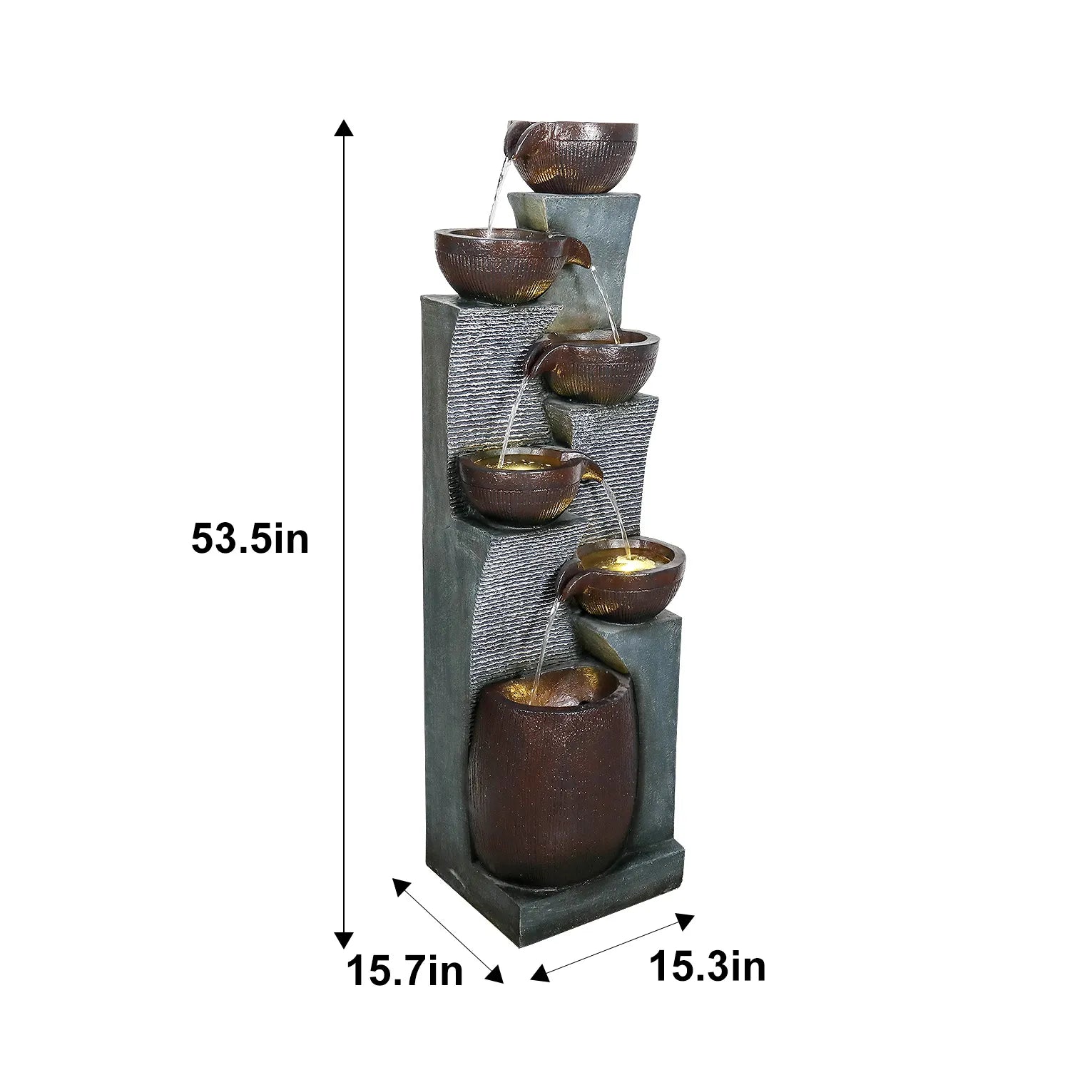 Dimension chart for the modern bowl fountain showing 53.5" height, 15.7" length, and 15.3" width.