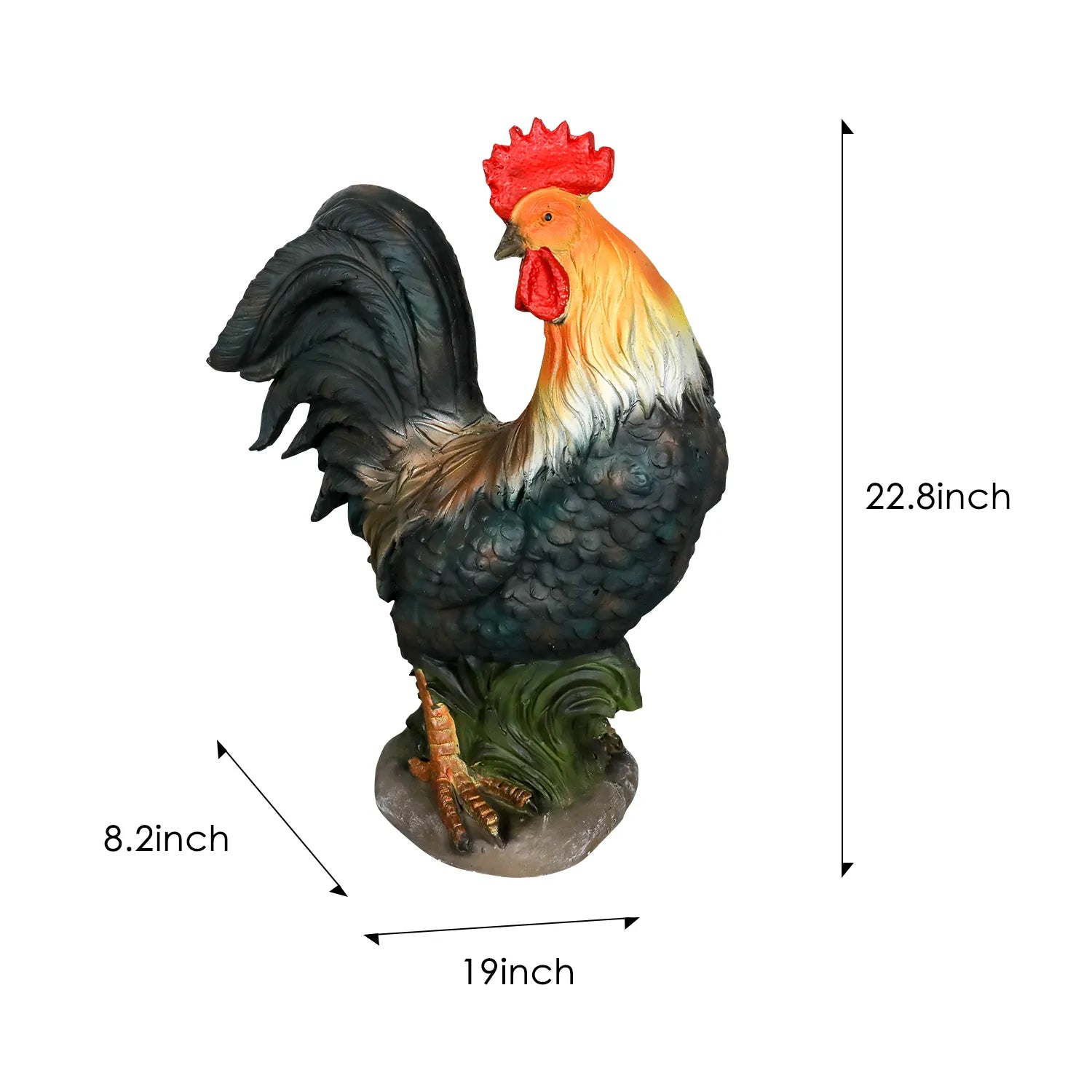 Dimension chart for the rooster statue showing 22.8" height, 19" width, and 8.2" depth.