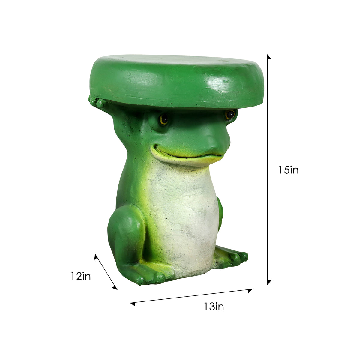 Dimension chart for the sturdy 6.81kg green frog side table and outdoor seating stool.